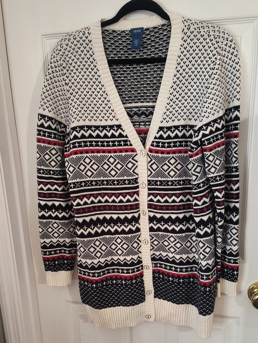 Izod Cream, Black and Red Fair Isle Button-Up Cardigan